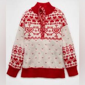 Cozy American Eagle Outfitters Oversized Fair Isle Mock Neck Sweater Red Cream